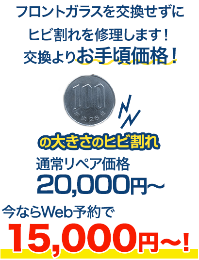 フロントガラスを交換せずにヒビ割れを修理します！交換よりお手頃価格！ 100円玉の大きさのヒビ割れ 通常リペア価格20,000円～のところを、今ならWeb予約で10,000円～！